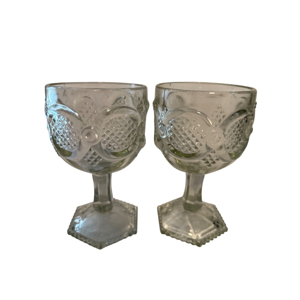 Set of 2 Pressed Glass Cordial Glasses‎ Diamond Point Pattern Vintage Stemware